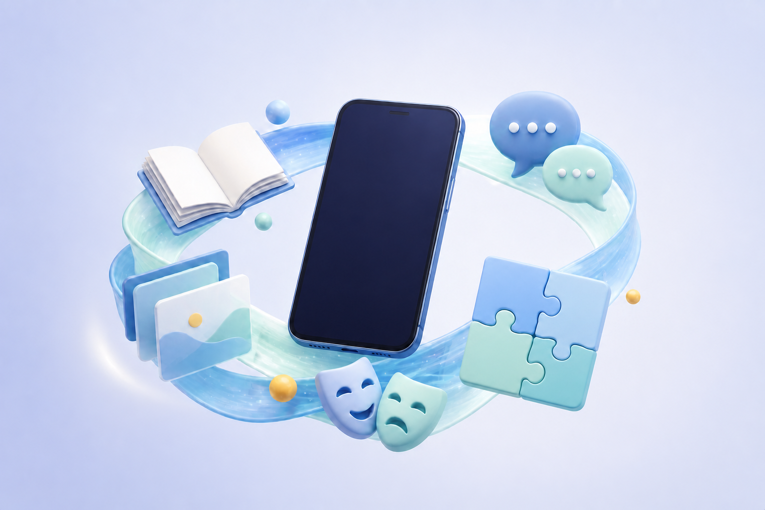 Ein Smartphone, umgeben von einem offenen Buch, Geschichtenkarten, Sprechblasen, Theatermasken und ineinandergreifenden Puzzleteilen