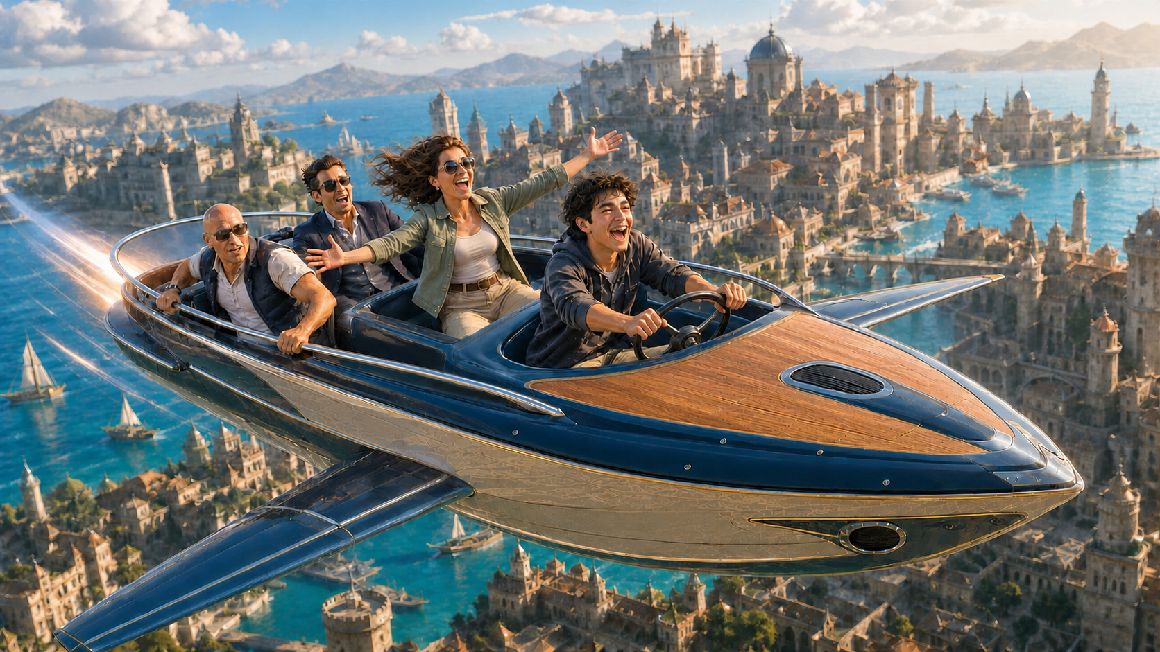 Ein lachender jugendlicher Pilot fliegt mit drei ausgelassenen Begleitern in einem geflügelten Speedboot über eine sonnige Küstenstadt