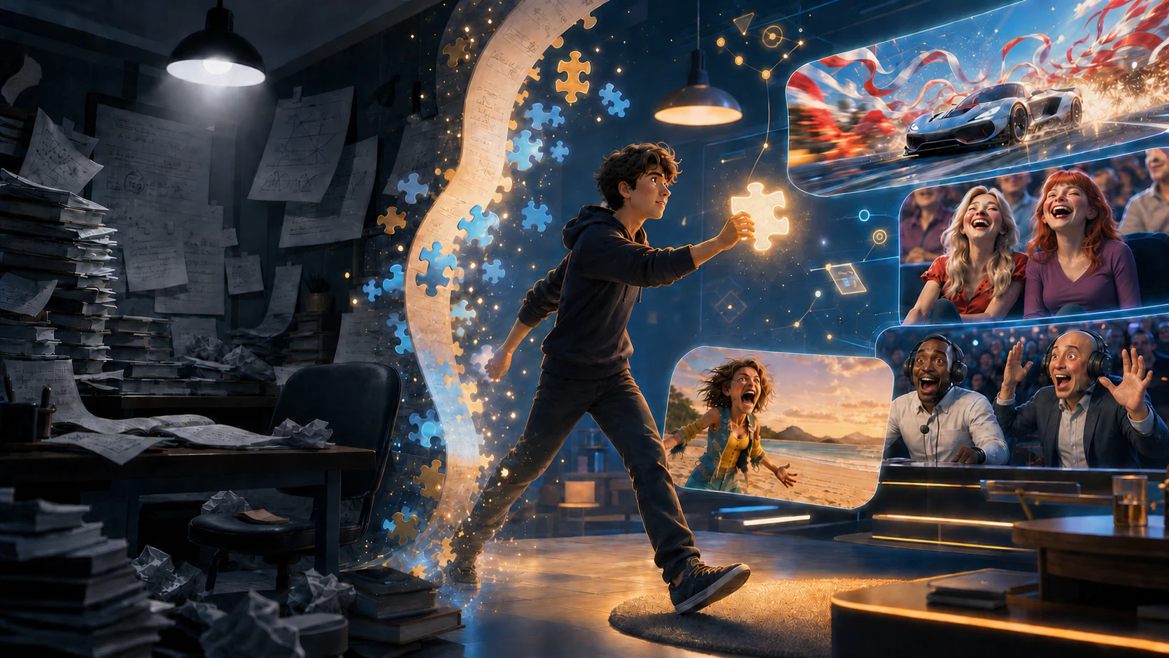 Ein jugendlicher Lernender verlässt eine graue Welt voller Arbeitsblätter und tritt durch einen leuchtenden Puzzle-Übergang in unterhaltsame ShapeDeep-Geschichten