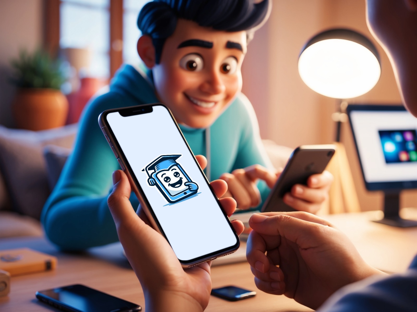 A person holds a smartphone displaying the "Shapedeep" app, while another person smiles at a different smartphone.